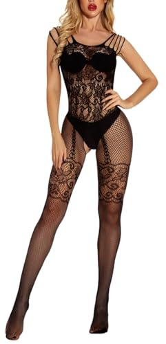 Gatamiau Women Sexy Fishnet Mesh Bodystocking See through Lace Lingerie Sheer Backless Tight-Fitting Babydoll Naughty Sleepwear Bodysuit with Stockings and Suspenders (Black)