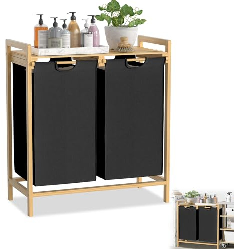 YRHome Panier à linge à cadre en bambou 2 compartiments 36L 73 x 64 x 33,5 cm Panier à linge avec étagère Sac à linge Boîte à linge en tissu Oxford Trieur à linge en bois Sacs à linge pour buanderie