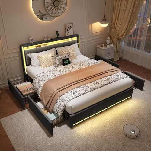 Polsterbett Doppelbett 180x200 cm, Stauraumbett mit 4 Schubladen, Bett 180x200 mit Bettkasten und Lattenrost, LED Kopfteil mit USB Ladestation, Jugendbett Funktionsbett Rückenlehne Bett, Leinen