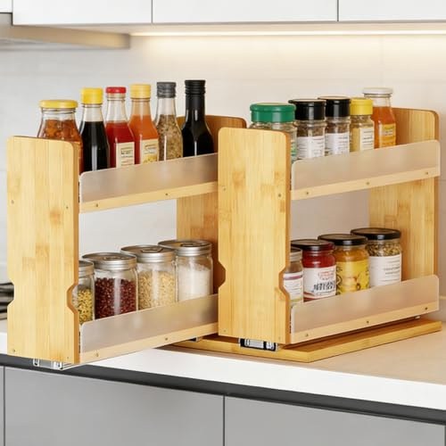VOHESEA Kryddhylla, utdragbar från bambu, 2 våningar, krydda organisatör skåp, köksskåp, organisatör för flaskor, olja, ingredienser och glas, lämplig för de flesta köksskåp (T27 x B 18 x H 24 cm)