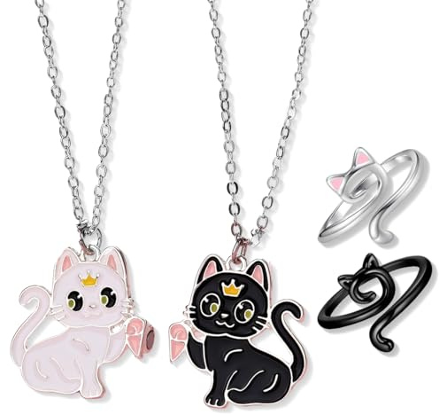 KOQAIIZ Collana Amicizia per 2, Collana-Amicizia con Anelli Gatto, Regalo di Gioielli per Amicizia, per Amici,Amanti
