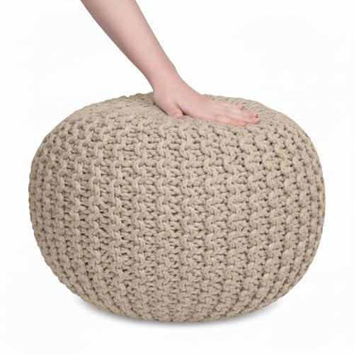 Sapphire Collection Handmade Chunky Knitted Pouffe Footstool – Large Round Ottoman in 100% Cotton for Living Room, Foot Rest & Occasional Seating (Tan)