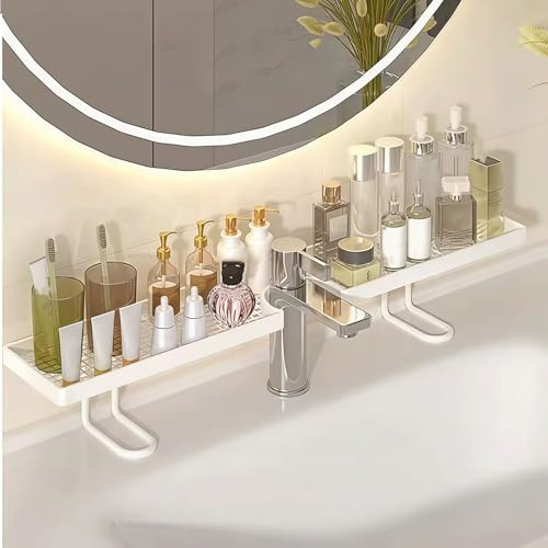 Pealeaf Organisateur de lavabo derrière robinet, étagère salle de bain sans perçage avec forme en U et drainage pour vasque, évier et plan de toilette (A)