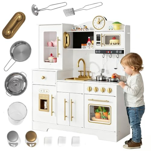 Cuisine en Bois Enfant, Cuisine de Jeu pour Enfants avec Lumières et Sons, Kit de Cuisine pour Enfant avec Cuisinière, Horloge, Évier et Micro-ondes, Jouet de Rôle, Cuisine en Bois Moderne pour Enfant