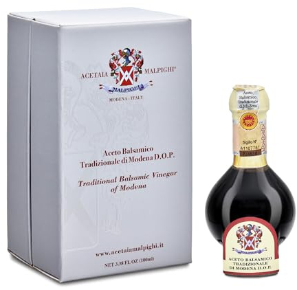 Acetaia Malpighi – Vinaigre Balsamique Traditionnel de Modène DOP Affiné 12+ Ans – 100 ml – À Base de Moût Cuit – avec livre de recettes et bouchon doseur