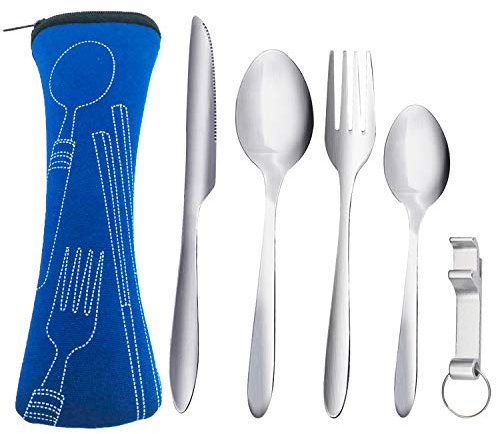 ZKSM Göffel Edelstahl Gabel und Löffel Campingbesteck Leichtes Besteck 5 Stück, Campingbesteck und Reisebesteck aus Edelstahl mit Neopren-Bestecktasche - Ideales Besteckset für Outdoor