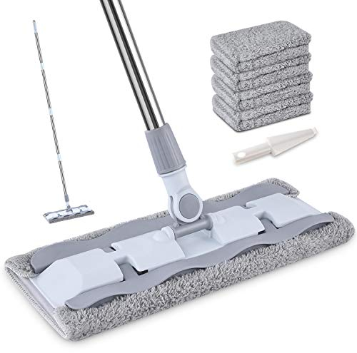 HOMTOYOU Microfiber Flat Floor Mop, Dust Mop for Laminate Tile Hardwood Vinyl Ceramic Floor Cleaning with 4 Washable Pads and 1 Dirt Removal Scrubber (Grey)