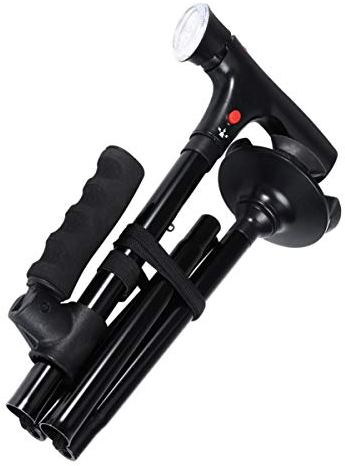 HEMOTON Bastón Plegable Telescópico con Luz Led Ajustable Y Alarma Base Antideslizante De 4 Pies Giratoria 360° Apoyabrazos para Mayor Seguridad En Movilidad