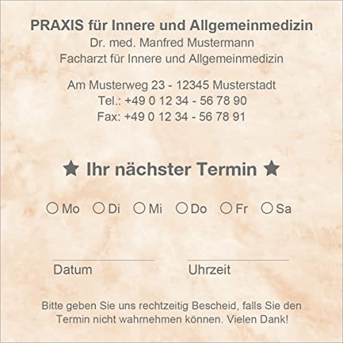 Terminzettel Terminkarten nächster Termin mit Ihrer Adresse personalisiert, inkl. praktischer Zettelbox mit Stiftehalter, 10 x 10 cm (marmor beige) (1000)