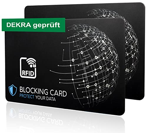 DEKRA geprüfte RFID Blocker Karte I Neuste E-Field Störsender-Technologie - zum Schutz vor Datendiebstahl I extra dünne Karte mit 0,8 mm für jede Geldbörse I Kartenschutz I NFC Schutz (2er Set)