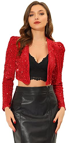 Allegra K Women's Sequin Jacket Open Front Party Clubwear Long Sleeve Cropped Bolero Shrug Jackets