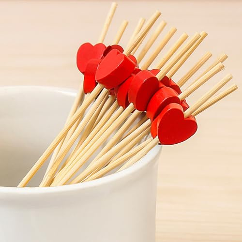100 Stücke Spieße Fingerfood - Cocktail-Sticks Holz Umweltliche Cocktailspieße, Einweg Obst Sticks Handgefertigte Zahnstocher Rosa Herz Partyspieße für Grillgut, Fingerfood,Obst-Spieß
