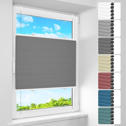 BelleMax Wabenplissee ohne Bohren Verdunkelung Thermo Plissee Klemmfix, Grau-weiß 75x120 cm (BxH), 100% Blickdicht Verdunklungsplissee, Schallschutz Sonnenschutz Doppelplissee für Fenster