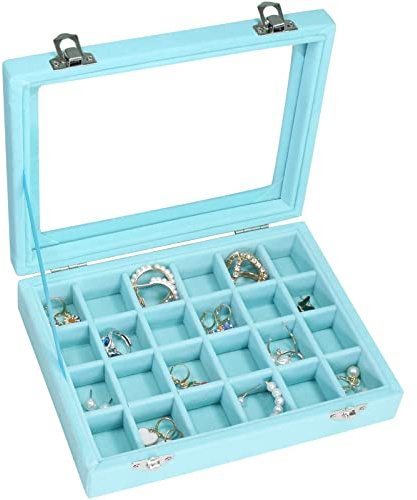 Vicoter Velvet Jewelry Box 24 Grid Jewelry Ring Display Organiser Box Tray Holder Earrings Storage Case for Girls Wife Mom Women (Light Blue)