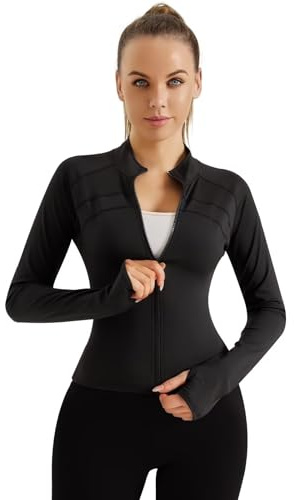TERODACO Running Jacket Women Thumb Hole Zip Up Gym Tops Womens Long Sleeve Lightweight Sports Top Ladies Workout Cycling Athletic Shirts,Breathable Quick Dry Slim Fit MW085 Black M