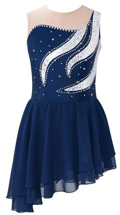 XUCZHAI Eiskunstlauf-Kleid Kinder Mädchen Eislaufen Kleidung Ärmellose Gymnastik Trikot Pailletten Strass Tanzen Kleidung Teenager Eiskunstlauf Kleid FüR Eislaufen Wettbewerb(Deep Blue,16)