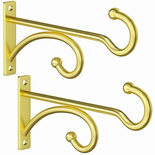 2 Pcs 15cm (6 Inches) Planter Hooks for Hanging Plants - Plant Hanger Hook Indoor Outdoor, Plant Wall Hooks, Brackets for Hanging Plants, Baskets, Wind Chime, Bird Feeder, Bird House (Gold, Metal)