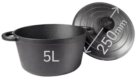 BIOL Gusseisen Topf mit Deckel Ø 25 cm 5L für Küche Backen Schmoren Braten Antihaftwirkung, für alle Herdarten geeignet, für offenes Feuer, runder Bräter Topf, leichte Reinigung