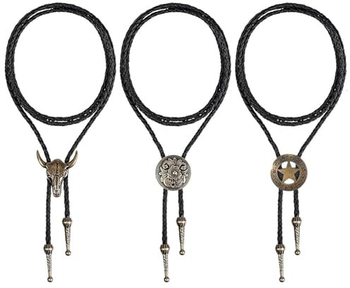 3 Piece Cowboy Necklace, Bolo Tie Set for Men and Women, Western Cowboy Accessories for Halloween and Retro Style, Includes Star, Bull Head, and Pattern Designs in Antique Bronze Finish