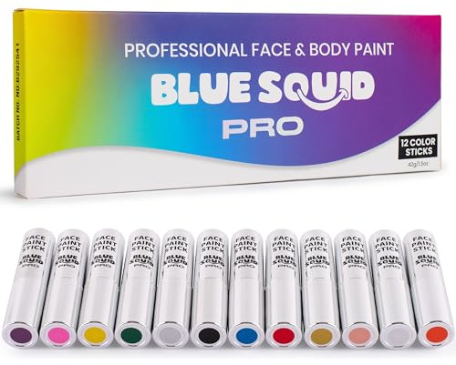 Blue Squid PRO 12 Color Pack Face Paint Stick - Waterproof Body Paint for Adults & Kids Eye Black Baseball, Softball - Vegan Hypoallergenic Twist-Up Non-Toxic Makeup Stick for Cosplay, Sports & SFX