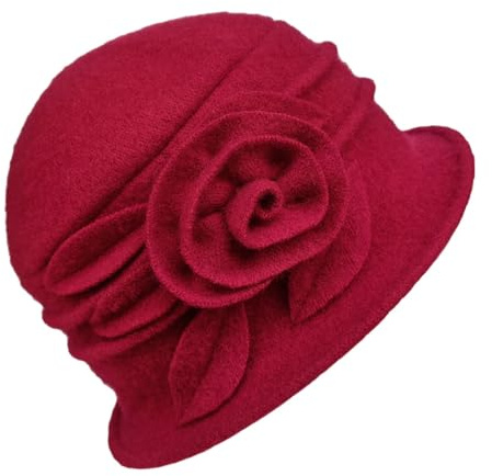 Generisch Sombrero de campana de lana con estampado floral para mujer, accesorio de invierno de los años 20, elegante sombrero de pescador de invierno, rojo, talla única