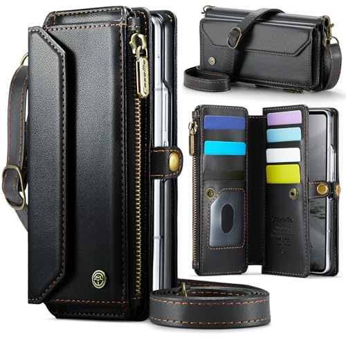 Konstreet for Samsung Galaxy Z Fold 7 Wallet Case Durable Leather Cover with Card Holder Flip Flap Wrist Strap Zipper Closure & RFID Blocking Case for Galaxy Z Fold 7 Black
