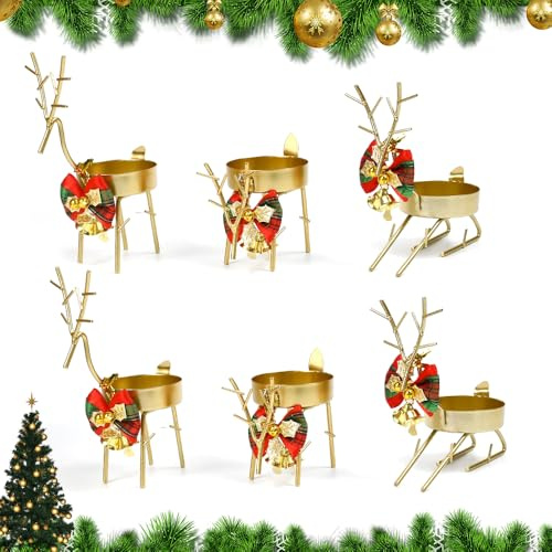Fuhesgu 6 Pcs Portavelas Ciervo Navidad Porta Velas Dorado Metal Portavelas de Te de Navidad Candelabros Decorativos de Velas Mesa Porta Velas de Te Moderna para Chimenea Mesa Alfeizar Regalo Navideño