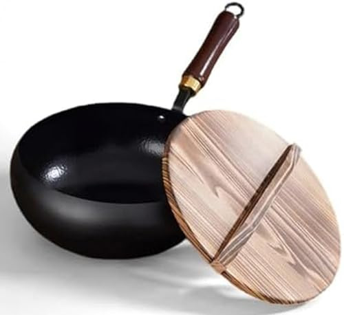 Japansk järnpanna, järnwok med lock och trähandtag, non-stick stekpanna utan beläggning för restaurang (A,26 cm/10,24 tum)