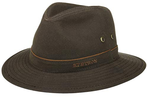 Stetson Avasun Waxed Cotton Traveller Damen/Herren - Wanderhut UV-Schutz 40+ - Sonnenhut Wasserabweisend - Hut aus gewachster Baumwolle - Regenhut Sommer/Winter Dunkelbraun M (56-57 cm)