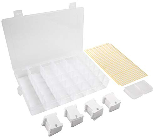 Set con contenitore in plastica per fili per ricamo a punto croce e 120 farfalle avvolgifilo in plastica, con 36 scomparti e 476 adesivi bianchi a pallino, per progetti fai da te e cucito