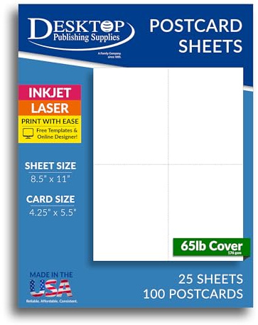 65lb White Printable Postcards - Blank Postcard Paper - Perforated 4 per Sheet - for Inkjet/Laser Printers - 25 Sheets / 100 Postcards