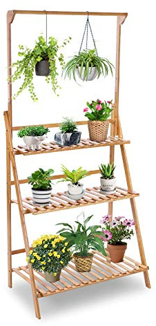 Plant Stand, 3-Tier Bamboo Foldable Rack with Hanging Rod | Flower Pot Rack, Bamboo Material, Indoor Balcony Display, Outdoor Use, Foldable, Hanging Rod, 3-layer Storage