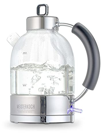 Meisterkoch Kessel-Wasserkocher WK-161G aus Glas, 1,6 Liter, Kalkfilter, Wasserstandsanzeige, Öffnen per Knopfdruck, Trockengehschutz & Abschaltautomatik, verdecktes Heizelement, BPA-frei, 2200 Watt