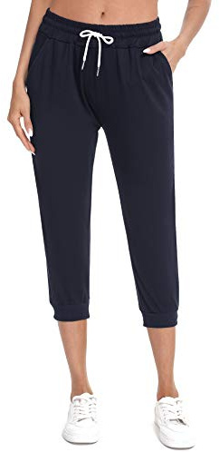Sykooria Women's Cropped Sports Pants Cotton Capri Sweatpants Running Jogger Pants Casual Workout Tracksuit Bottoms for Yoga Fitness Gym Joggers S-XXL(Navy Blue,L)