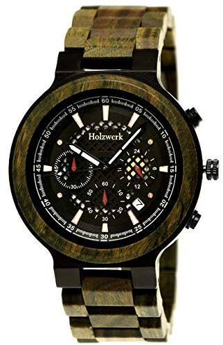 Holzwerk Germany Handgefertigte Designer Herren-Uhr Öko Natur Holz-Uhr Chronograph Armband-Uhr Analog Quarz-Uhr Braun Grün Schwarz Gold Datum Holz Ziffernblatt
