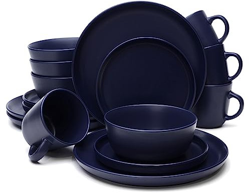 MÜLLERHEIM 903 Minimalist Collection 16-Piece Contemporary Ceramic Stoneware Dinnerware Sets for 4, Blueberry Plates and Bowls sets, Dinner Plates Set, Salad Dish Set, Bowls, Cup