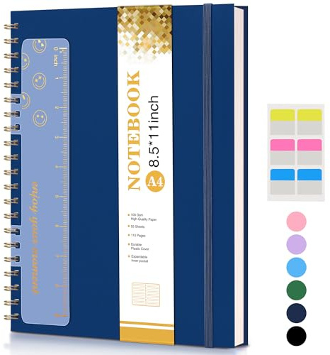 Spiral Notebook Journal 8.5” x 11”, A4 Large Notebooks for Women Men, College Ruled Lined Journal, 100 GSM Paper, Plastic Hardcover Spiral Bound Journals for Work School Note Taking Business, Navy