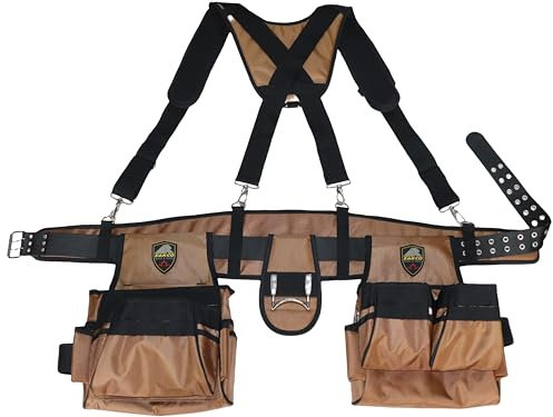 ZAKCO Professioneller Werkzeuggürtel aus 1680D Polyester mit Hosenträgern, robuster Werkzeuggürtel für Tischler, Rahmen, Elektriker, Klempner & Hanyman (Khaki, volle Größe)