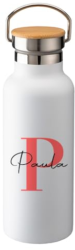 Genérico Botella Térmica Personalizada Inicial y Nombre Botellas de Agua Acero Inoxidable Tampón Ancho Bambú Doble Capa 500 ml Bebidas Frias y Calientes