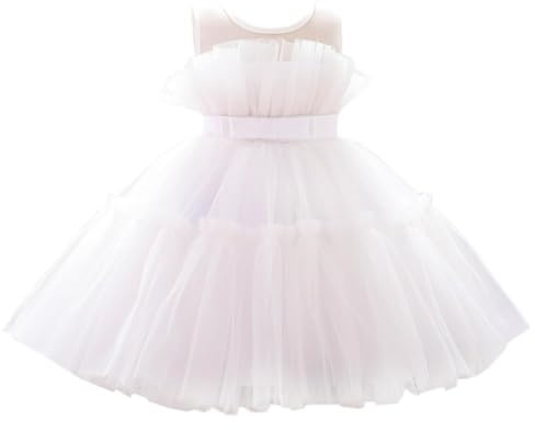 Lito Angels Robe de cérémonie Fille en Tulle superposé | Corsage sans manches à volants, jupe tulle superposée, ceinture à nœud, Mariage, Cérémonie, Baptême, Communion, Anniversaire