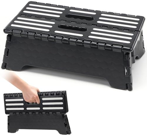 FASTDEPLE Faltbarer Tritthocker, Tragbarer Hocker, Klappbar 38x22x13cm, Rutschfest, bis 100kg, für Küche, Badezimmer, Schwarz, Klassisch