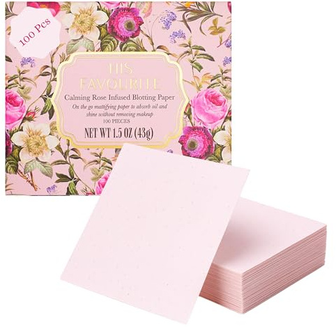 HIS FAVOURITE Calming Rose-Infused Oil Blotting Paper – 100 Sheets | Facial Blotting Papers for Oily Skin & Makeup | Travel Case with Mirror Included