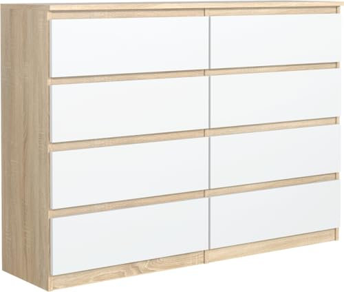 meble masztalerz Comoda Dormitorio 8 Cajones 120 cm - Cajonera Armario Interior - Sinfonier Dormitorio Alto - Muebles para el Salón - Cómoda Moderna - Sonoma/Blanco 120x101,5x39 cm