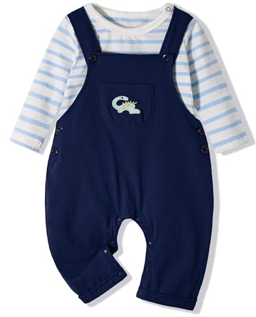 Volunboy Kostym för barn, unisex set med 2 långa ärmar och snickarbyxor söt dinosaurie babyklänning jumpsuit, Marinblå, 12-18 M�nader