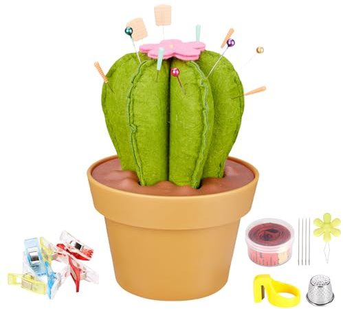 Cactus Pin Cushion & Sewing Organizer, Magnetic Pin Holder, Flowerpot Design with Measuring Tape, Fabric Clips, Seam Ripper & Sewing Tools Set for Crafters and Carry