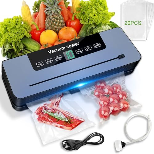 7 in 1 Maquina vacio alimentos, Automático seco que mojado envasadora al vacio, Embasadoras vacio alimentos domestica con Cuchillo de corte, Vacuum Sealer con Tubo de Vacío con 20 bolsas envasar