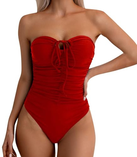 Sllowwa Maillot de bain bandeau gainant noir une pièce pour femme - Couleur unie - Plissé - Sans bretelles - Avec nœud sur le devant - Dos nu - Été 2025, Rouge, XL