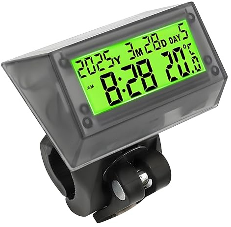 LCD-bilklocka med solenergi Grön – vattentålig och stöttålig, med fäste | Multifunktionell digital bilklocka med tid,datum, veckodag, temperatur och fäste – för bil,motorcykel, cykel och utomhusbruk