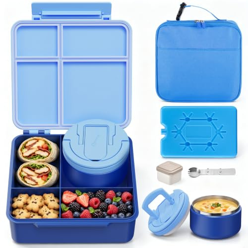 MAXSO Bento Lunch Box Set with 8 oz Soup Thermo, Kids Leakproof 4 Compartments Hot Food Container with Sauce Cup, Ice Pack and Lunch Bag, Child Insulated Food Jar for School - Blue