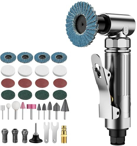 COLFULINE Air Die Grinder with 20 Sand Disc+10 Grinding Stones, 90 Degree Mini Angle Grinder with 1/4+1/8 Collet, Mini Sander Grinders Polisher Tool for Polishing, Grinding, Rust Removal